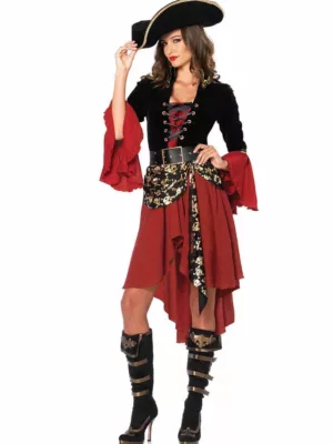 Elegant 2-Piece Women's Pirate Costume - Velveteen Dress with Gold Foil Sash