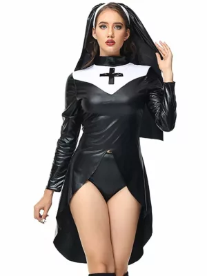 Halloween Leather Punk Nun Costume