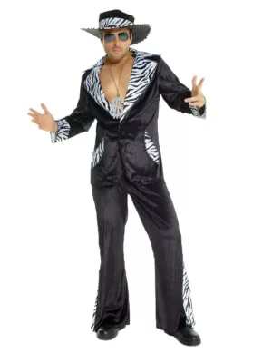 Men's 70s Pimp Costume - Velvet Jacket with Zebra Print, Trousers & Hat
