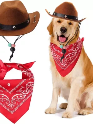 Pet Cowboy Costume Accessories Set - Hat and Bandana Scarf for Dogs and Cats