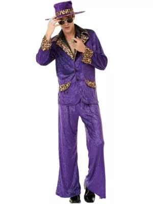 Purple 70s Pimp Costume for Men - Adult Halloween Outfit with Jacket, Pants, and Hat