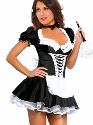 Women's Elegant French Maid Costume - Sexy Black Satin Fancy Dress for Halloween