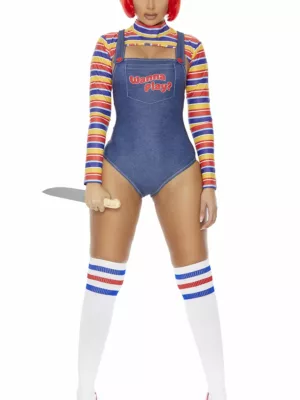 Women's Gothic-Inspired Chucky Costume with Top and Overalls